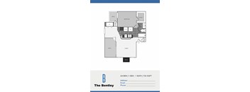 A floor plan for an apartment with one bed and one bath.