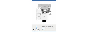 A floor plan for an apartment at The Bentley shows a living room, dining room, kitchen, two bedrooms, and a bathroom.