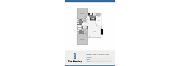 A floor plan for an apartment at The Bentley shows two bedrooms and two bathrooms.