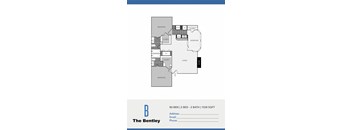 A floor plan of a one bedroom apartment with a living area and two bathrooms.