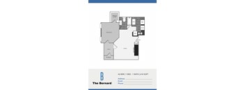 A floor plan of a one bedroom apartment with a living area and storage.