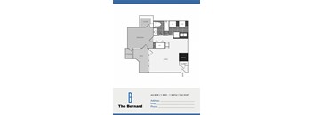 A floor plan for a one bedroom apartment with a living area and storage space.
