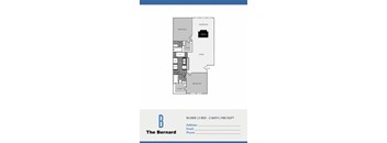 A floor plan for an apartment at The Bernard shows a living room, two bedrooms, a bathroom, and a sunroom.