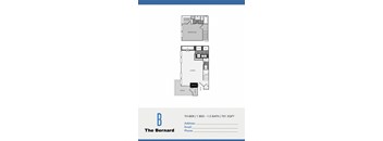 A floor plan for a property at The Bernard shows a bedroom, a bathroom, a living room, a kitchen, a dining room, and a patio.