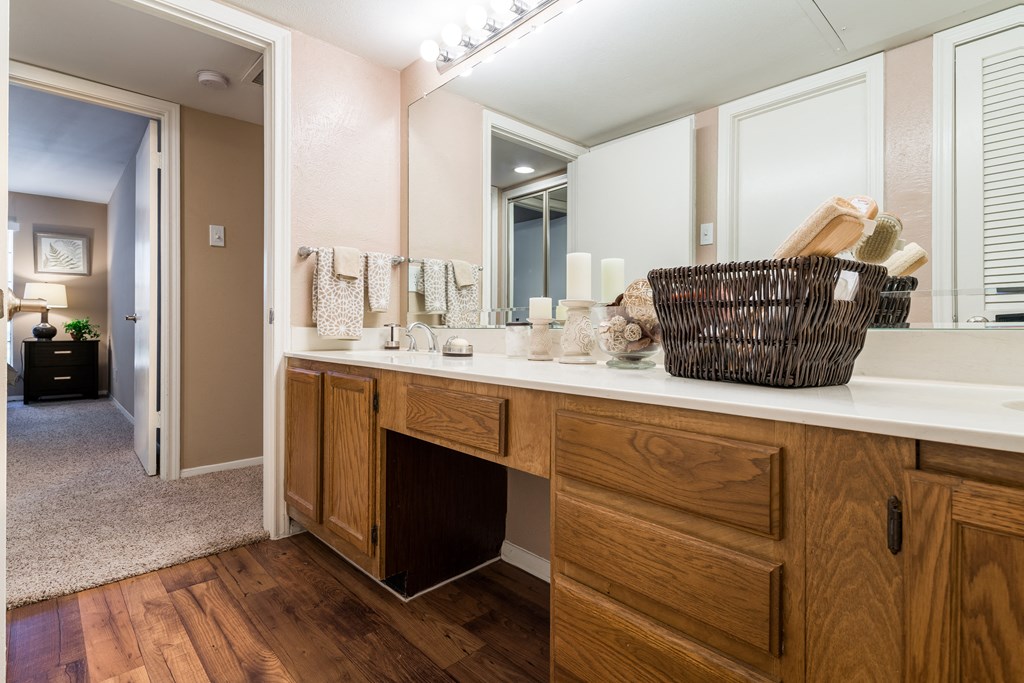 a bathroom with a sink and a mirror