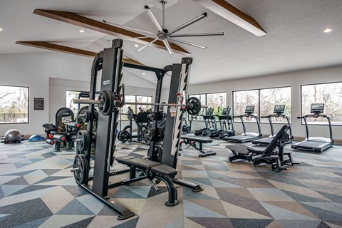 A gym with a variety of equipment including treadmills, weights, and a ceiling fan.