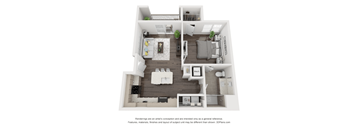 A 3D floor plan of a small apartment with a kitchen, living room, and two bedrooms.