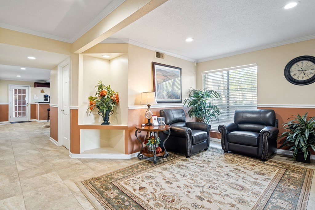 a living room filled with furniture and a large rug
