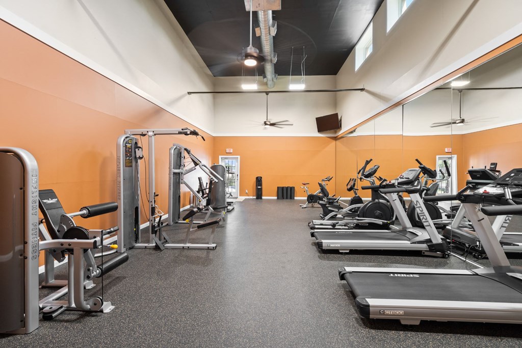 a gym with treadmills and other exercise equipment