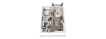 A white floor plan of a small apartment with a kitchen, living room, and bedroom.