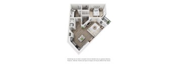 A 3D floor plan of a house with a living room, kitchen, dining room, and bedrooms.