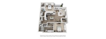 A 3D rendered image of a modern apartment layout.