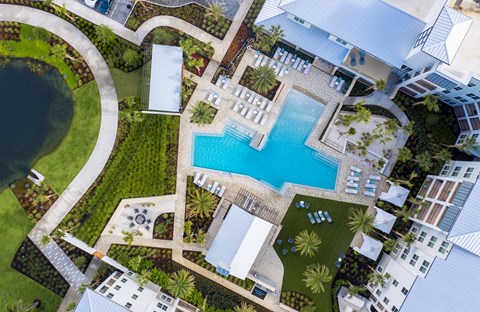 A bird's eye view of a residential area with a swimming pool.