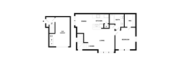 A floor plan of a house with a living room, dining room, kitchen, bathroom, and bedroom.