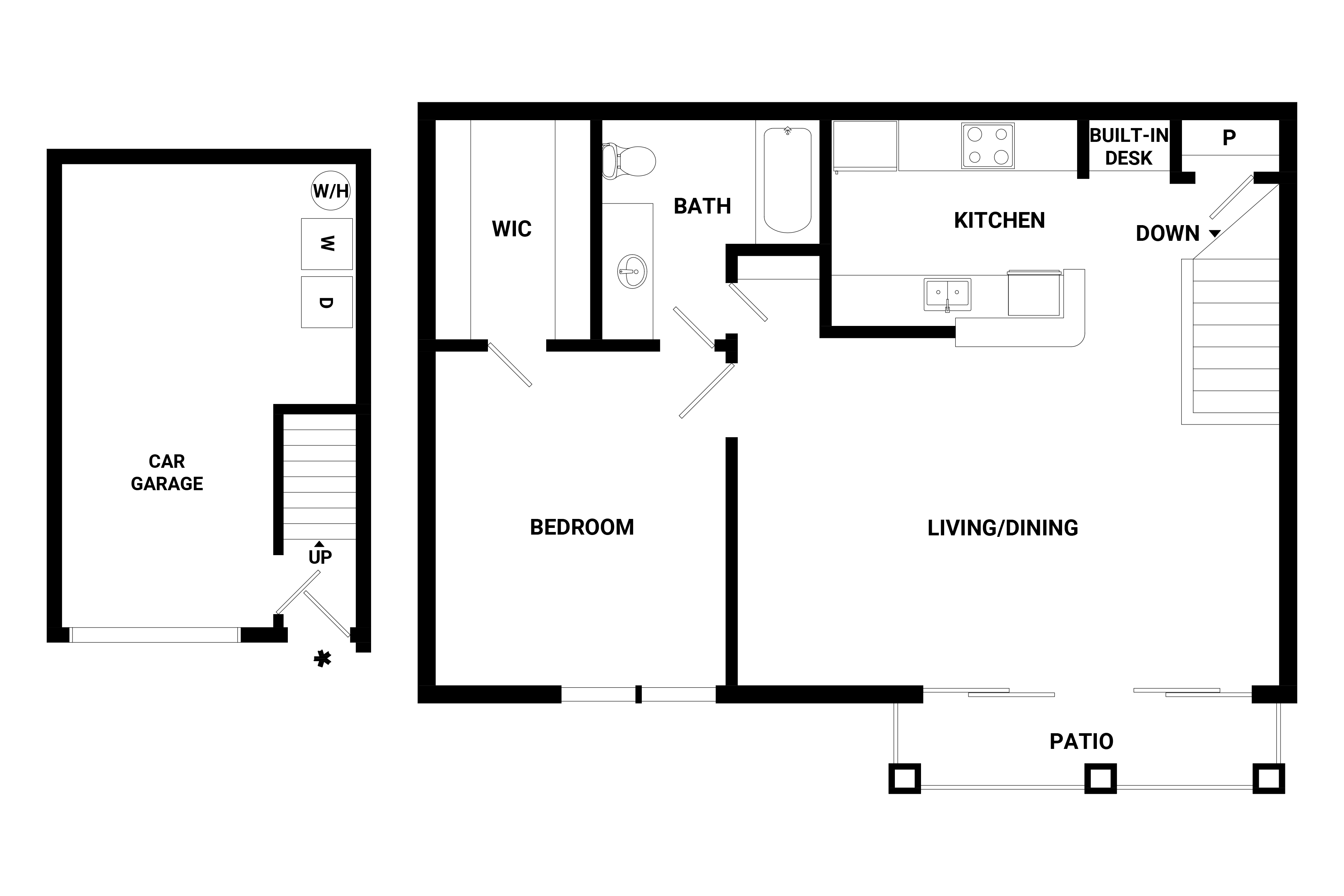 A floor plan of a house with a living room, kitchen, bedroom, and bathroom.