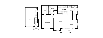 A floor plan of a house with a garage, living room, dining room, kitchen, and bathroom.