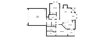 A floor plan of a house with a garage, two bedrooms, a living room, a dining room, a kitchen, a bathroom, a porch, and a patio.