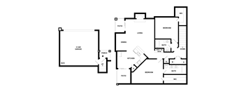 A floor plan of a house with a garage, kitchen, living room, and two bedrooms.