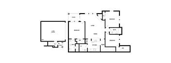 A floor plan of a house with labeled rooms such as Bedroom, Living, Kitchen, Dining, Bath, and Patio.