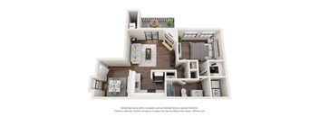 A 3D floor plan of a house with a kitchen, living room, and bathroom.
