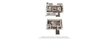 Two 3D floor plans of a house with a kitchen, living room, and bathroom.