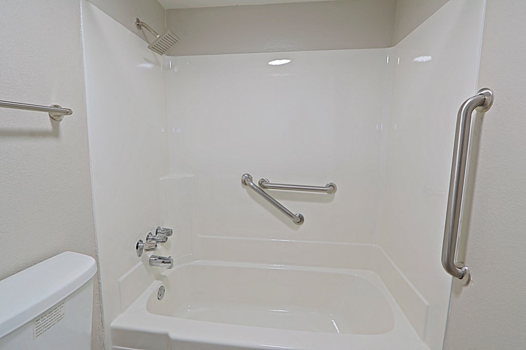 a bathroom with a bathtub and a toilet