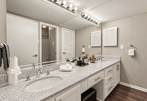 A bathroom with a large mirror, two sinks, and a white countertop.