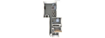 a stylized floor plan with a bedroom and a living room