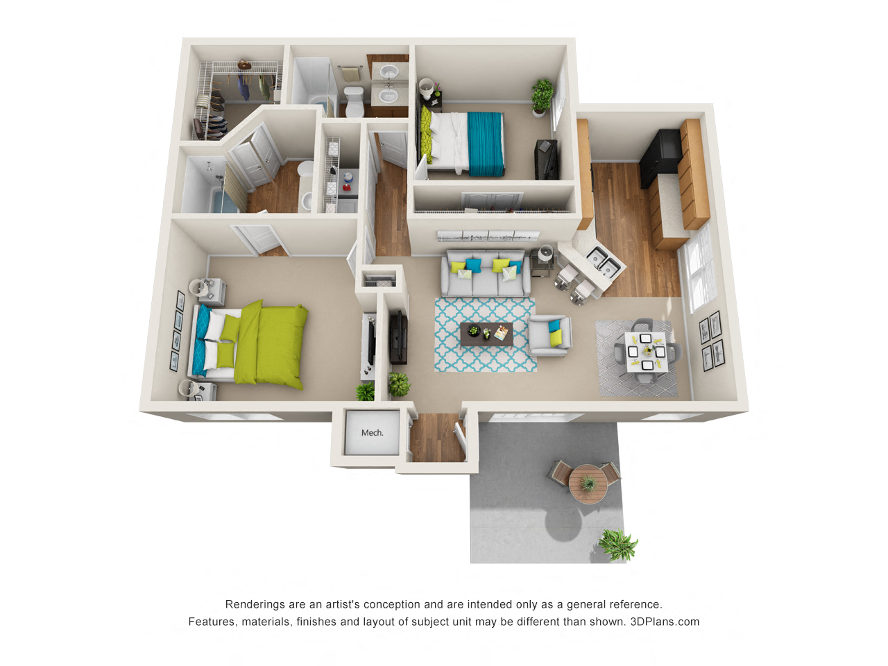 A 3D floor plan of a small apartment with a kitchen, living room, and bathroom.