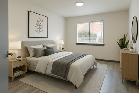 A bedroom with a large bed and a framed leaf picture on the wall.