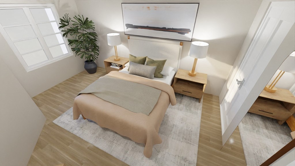a rendering of a bedroom with a bed and two lamps