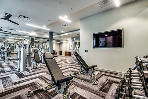 A gym with a variety of equipment including a bench press.