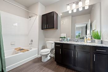A bathroom with a white toilet, a bathtub with a shower curtain, and a vanity with a mirror.