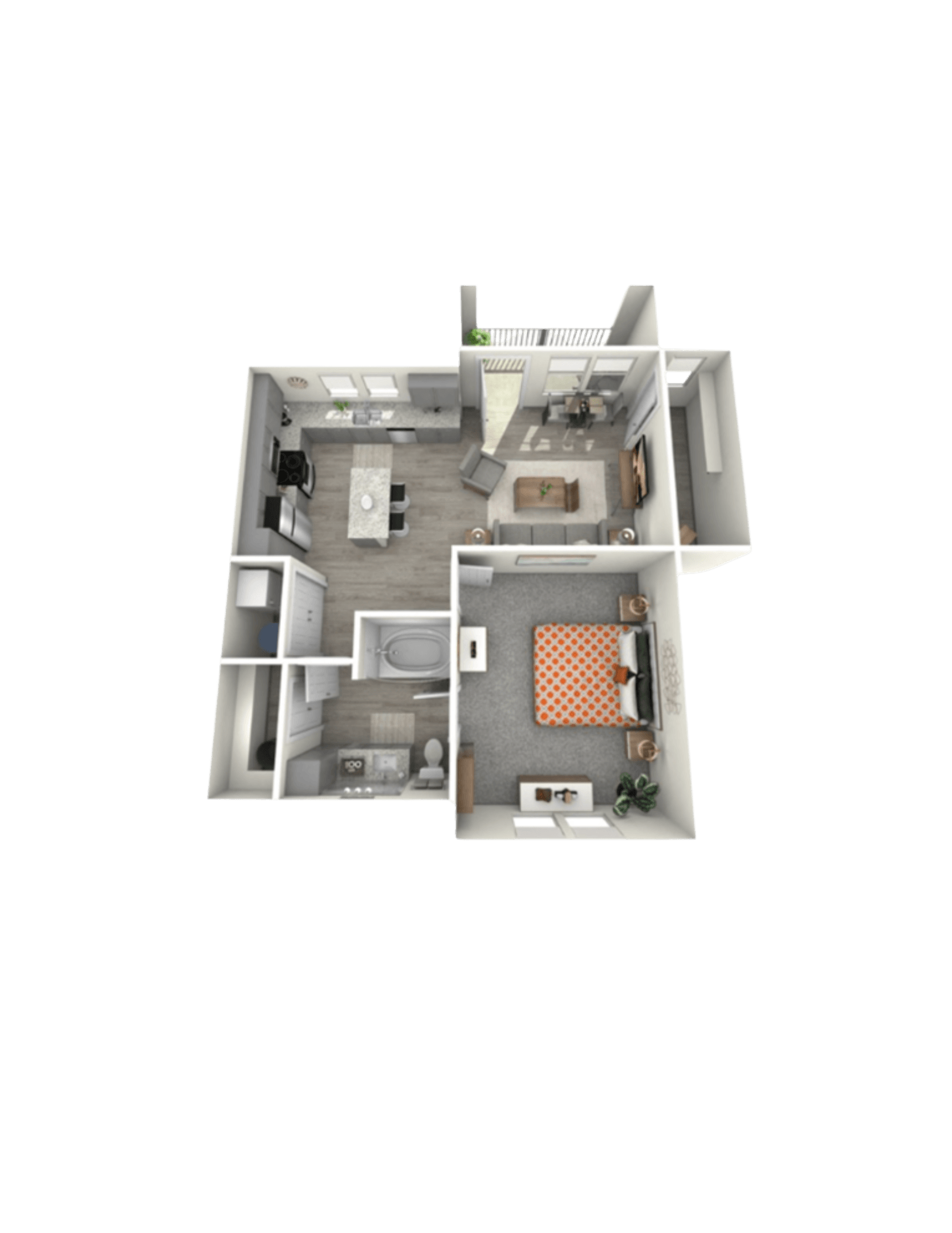 A 3D rendered image of a house layout.