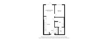 A floor plan of a small apartment with a living/dining room, kitchen, bathroom, bedroom and entry.