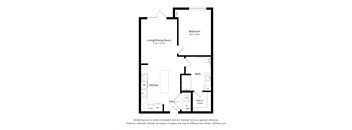A floor plan of a small apartment with a living/dining room, kitchen, bath, and bedroom.