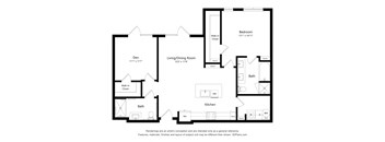 A floor plan of a house with a den, living/dining room, kitchen, bath, and bedroom.