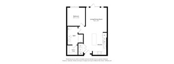A floor plan of a small apartment with a bedroom, living/dining room, kitchen, and bathroom.