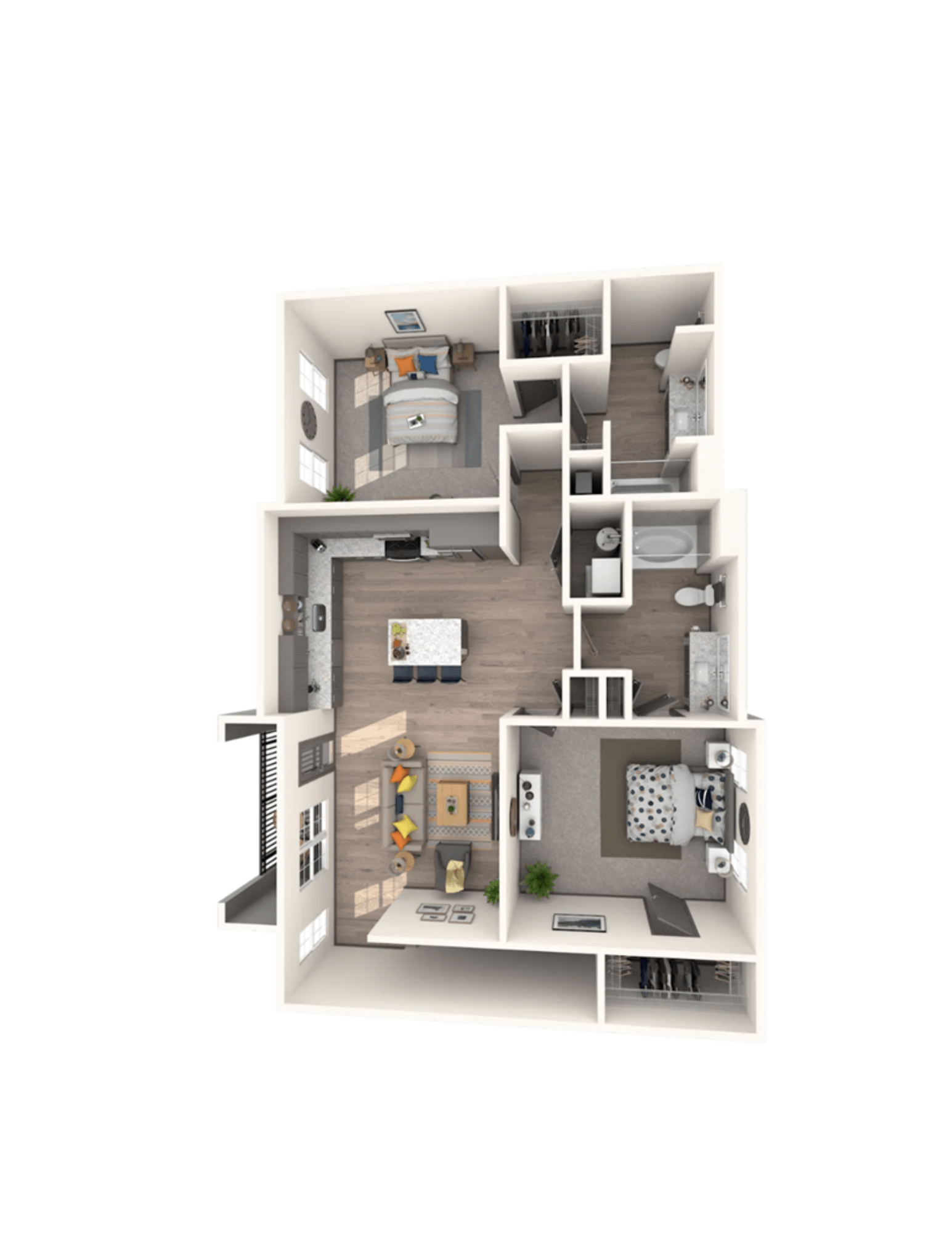 A 3D floor plan of a small apartment with a kitchen, living room, and bedroom.