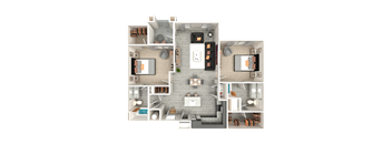 A 3D floor plan of a house with multiple rooms and furniture.