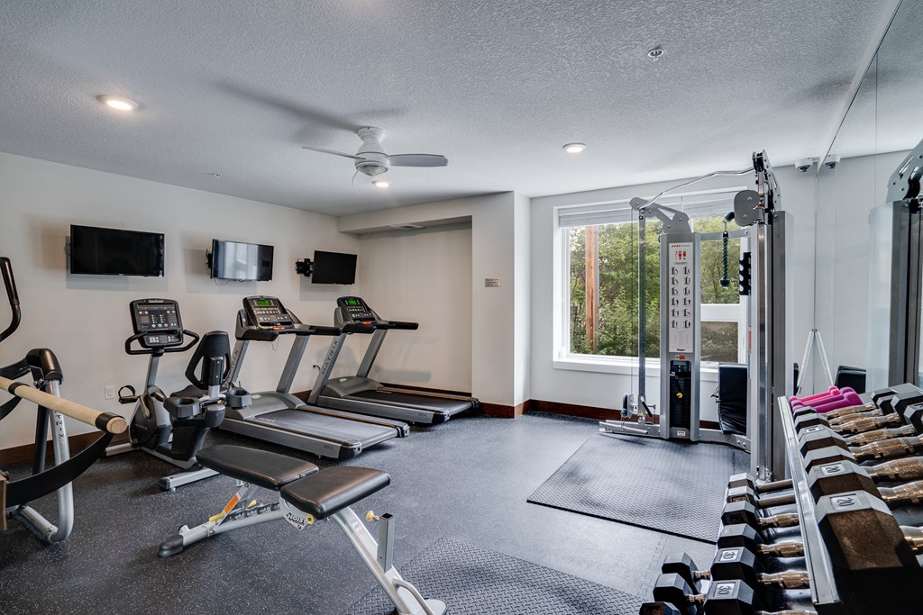 a gym with treadmills and other exercise equipment and a window