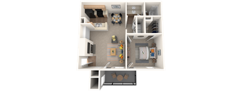 A 3D floor plan of a small apartment with a kitchen, living room, and bedroom.