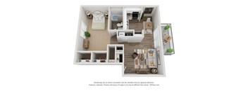 a stylized floor plan with a bedroom and a living room