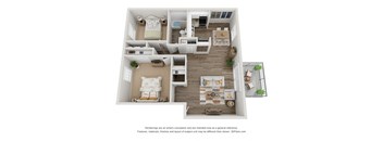 a stylized floor plan with a bedroom and living room