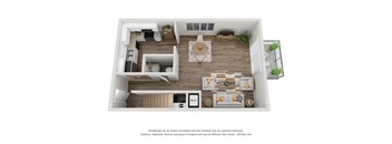 a stylized floor plan with a bedroom and living room