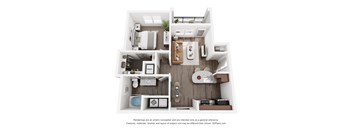 A 3D floor plan of a small apartment with a kitchen, living room, and bathroom.