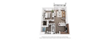 A floor plan of a small apartment with a kitchen, living room, and bathroom.