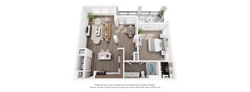 A 3D floor plan of a small apartment with a kitchen, living room, and bathroom.