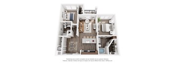 A 3D floor plan of a house with a kitchen, living room, and bathroom.