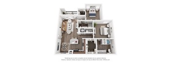 A 3D floor plan of a house with a kitchen, living room, and two bedrooms.
